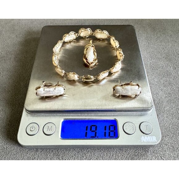 Vintage BAROQUE PEARL SET - Earrings Pendant Bracelet in 14K GOLD Luminous Keshi - Picture 11 of 11